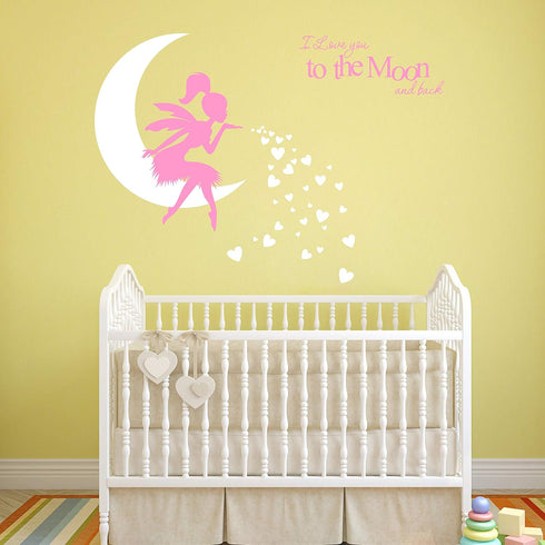 Fairy Wall Decal, I Love You to The Moon and Back, Soft Pink and White, Kids Bedroom Nursery Decor (A19)