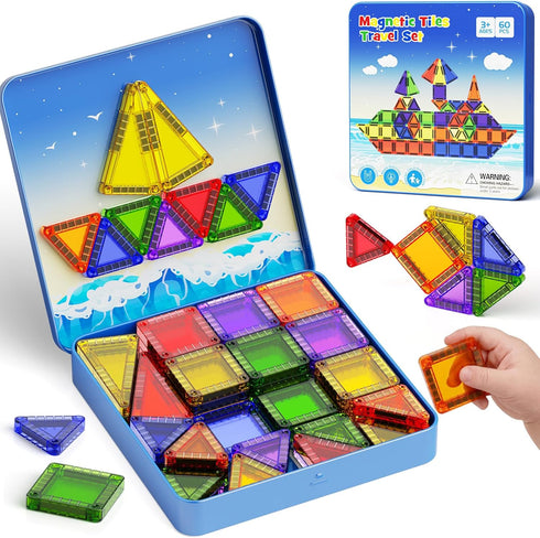 WMXDU 60 PCS Magnetic Tiles Travel Set for Kids, Portable Magnetic Building