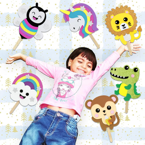VKPI 6 Popstick Puppets Craft Kits for Kids, Foam Art Crafts Gift, Story Time Toys for Ages 4+, Birthday Party Supplies