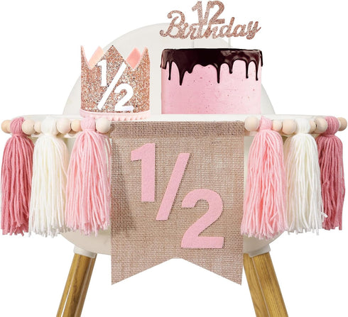 BaaSid 1/2 Birthday Girl Pink Half Birthday Decorations High Chair Banner Tassel Wood