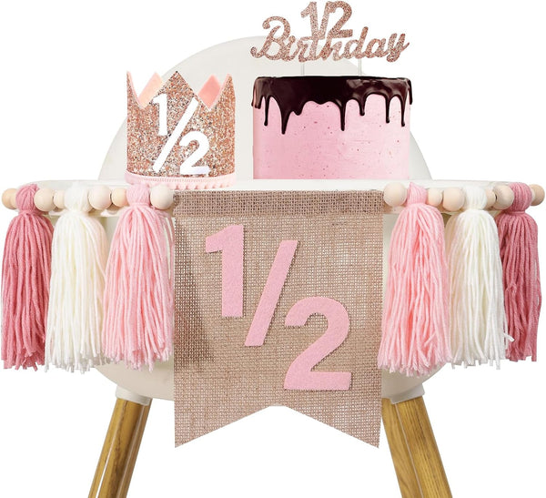 BaaSid 1/2 Birthday Girl Pink Half Birthday Decorations High Chair Banner Tassel Wood