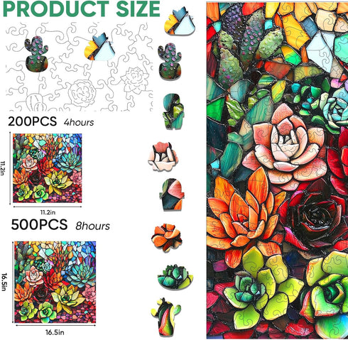 500 16.5'' 16.5'' Mocfesk Wooden Puzzles for Adults, Stained Glass Succulent Puzzles Pieces, Unique Shaped Jigsaw