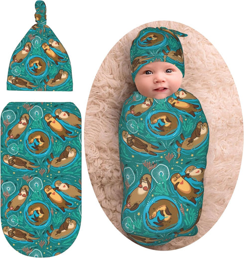 Cute Sea Otters Newborn Swaddle Blankets with Beanie Sets, Soft Swaddling Blanket Gifts for Infant Boys Girls