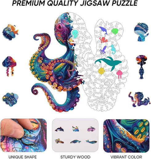 200 11.2x11.2 Qiuenisray Wooden Puzzles for Adults, Octopus Ocean Jigsaw Puzzles Pieces, Cool Wood Puzzle Wall Decor