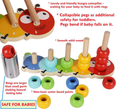 TOWO Wooden Stacking Rings Baby –Lovely Caterpillar Counting Game - Colour Sorting Puzzle - 5 Pegs Ring Stacker - Counting Rings Early Learning Wooden Toys for 1 year old Gift First Birthday Boy Girl