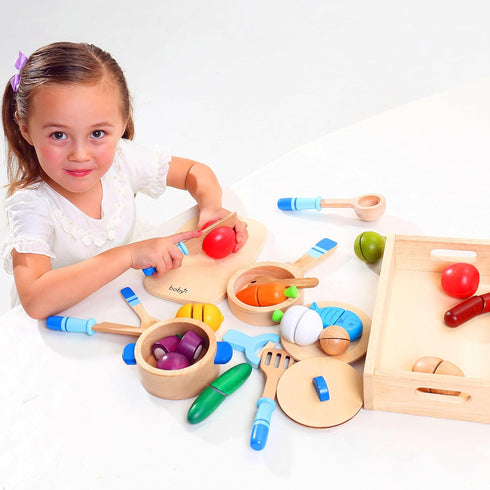 Set Playset Dailyfunn Wooden Pretend Play Foods for Kids Kitchen Montessori Cutting Toys with Storage Box
