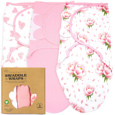 Baby Swaddle Blanket Wrap, Organic Cotton 3-Pack, Newborn Swaddles 0-3 Months, Hearts-Flowers Design