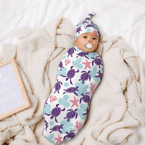 Sanghing Sets Sea Turtle Ocean Coastal Newborn Swaddle Blankets Baby Stuff Soft Swaddling Blanket with Beanie Gifts