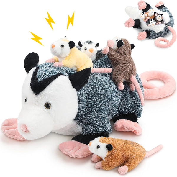 5 Pcs Stuffed Opossum Plush Toy Set, 1 Mommy Opossum with 4 Cute Baby Opossums, Gift for Opossum Lovers
