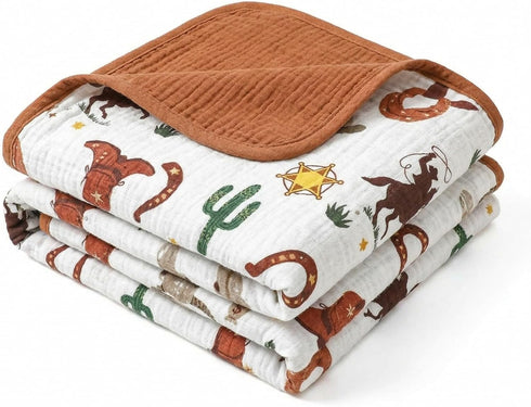 Breling Western Cowboy Muslin Baby Blankets for Girls Boys, 100% Cotton Crib