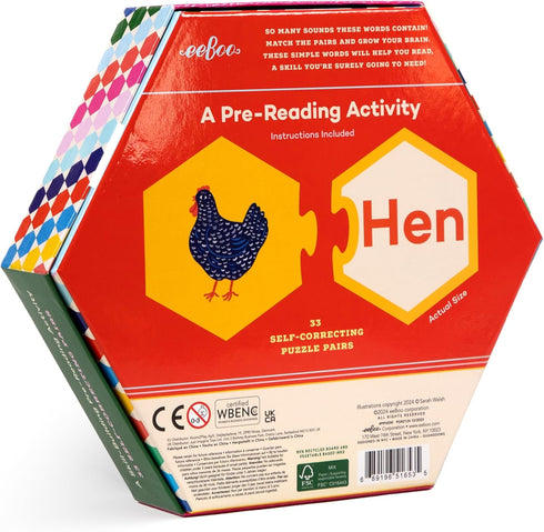 eeBoo Hexagon Puzzle Pairs, Simple Words, 33 Pairs for Pre-Reading Activity, Educational for Kids Ages 3+