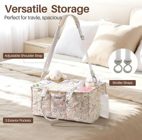 VKSAO Baby Essentials Cute Floral Diaper Caddy Organizer Portable Storage Basket with Shoulder Strap & Stroller Hooks