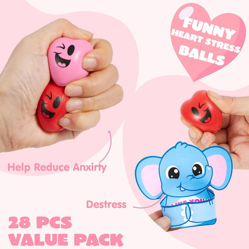 28 JOYIN PCS Valentine Animal Cards with Heart Stress Ball, Heart Shape Squishy Toy Stress Relief Fidget Toy