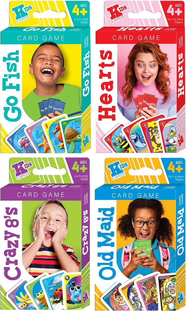 JA-RU Classic Card Games for Kids (4 Pack) Go Fish, Old Maid, Hearts & Crazy 8s, Bright Design