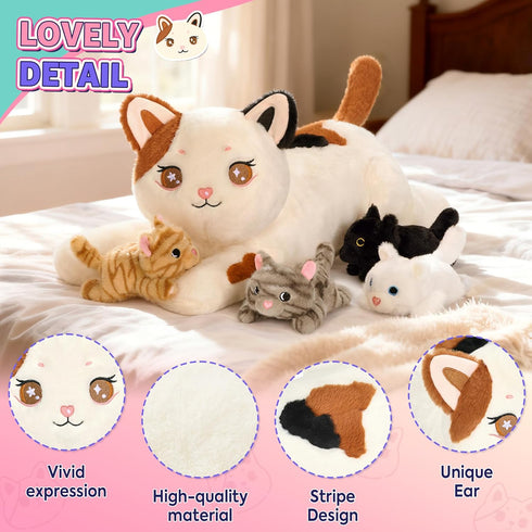 5PC Mommy 4 Onsoyours Original Cat Stuffed Animals with Babies Inside, Kawaii Kiity Plush with & Kittens - Cute