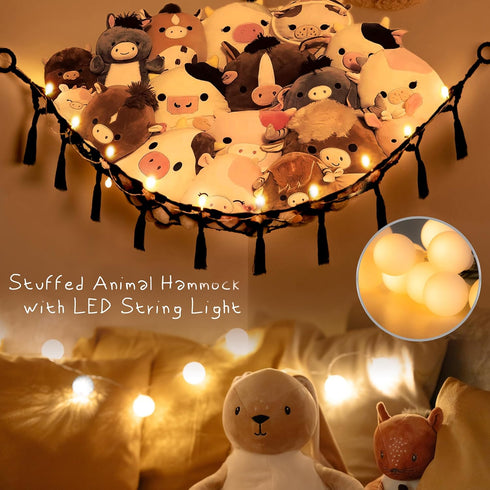Yewiwin Hammock Hammock (Black(55"*55"*72")) Stuffed Animal Net or with Light, Macrame Hanging Net for Stuffed Animal