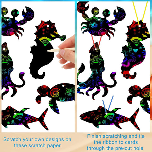 64 Pcs Sea Theme DIY Scratch Cards Set, Birthday Party Supplies Favor, Rainbow Color Scratch Art with Wooden Styluses