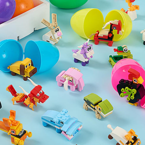 24 Packs 3.23" JOYIN Prefilled Easter Eggs with Toys, Cute Animals Building Blocks for Basket Stuffers, Kids Party