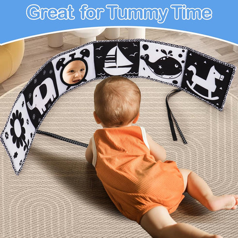 Black and White High Contrast Toys for Baby - Infant Tummy Time Soft Book, Sensory Musical Toy for Brain Development