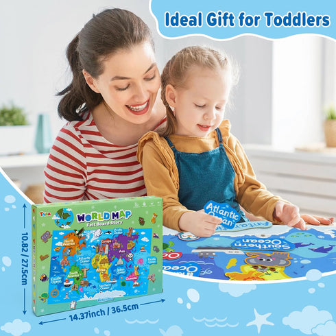 Taika Set, Set, 43x28 inch 4+ World Felt Felt World Map with World Famous Sights, Educational Play Mat Flannel Board