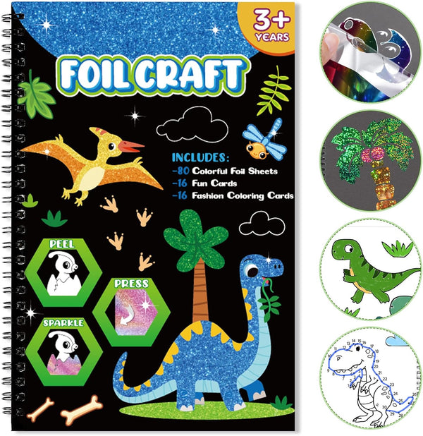 Art & Craft Activity, Foil Fun Dinosaur DIY Art Kits, No Mess Creative Drawing Game for Kids Ages 4-9 Birthday Gifts