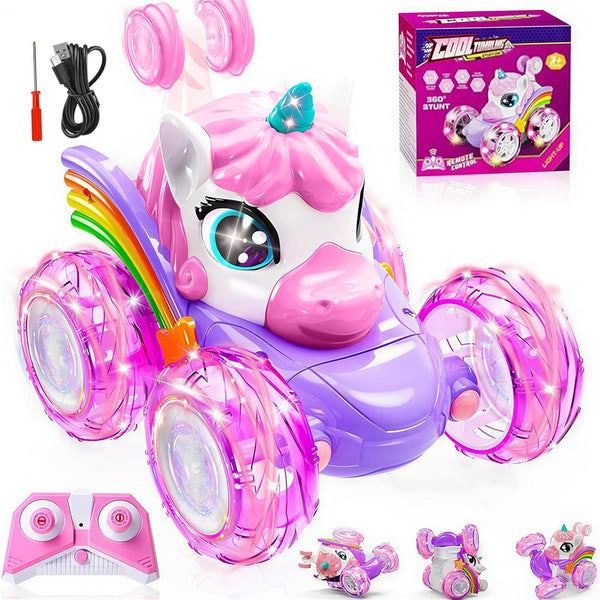 HudinFunC Unicorn Remote Control Car for Girls, Rechargeable 360 Rotating Stunt RC Car