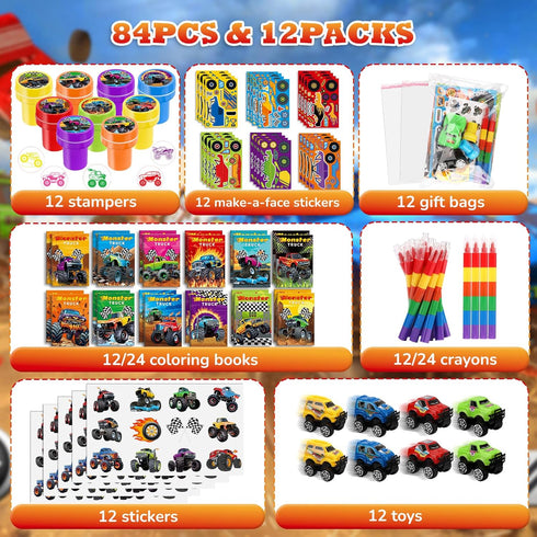 84Pcs Set BenLouis Monster Truck Party Favors Truck Car Theme Coloring Books Crayons Sticker Bulk for Kids Racing
