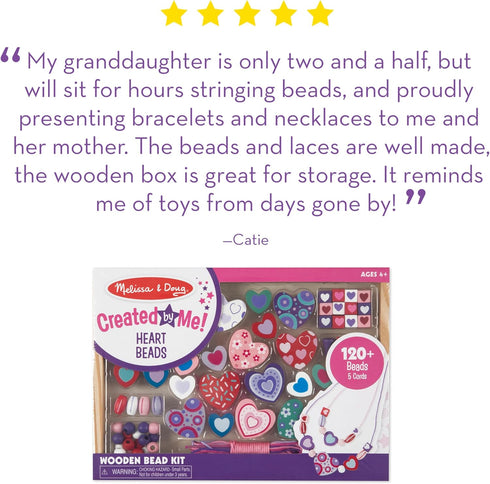 Melissa & Doug Created by Me! Heart Beads Wooden Bead Kit, 120+ Beads and 5 Cords