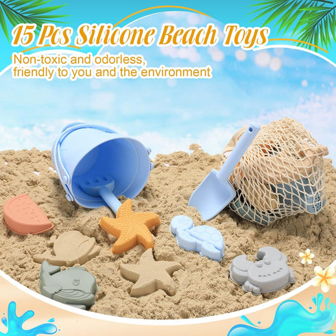 Civaner 15 Pcs Silicone Beach Toys for Baby Girls, Includes Shovel, Rake, Sand Molds, and Pail Set
