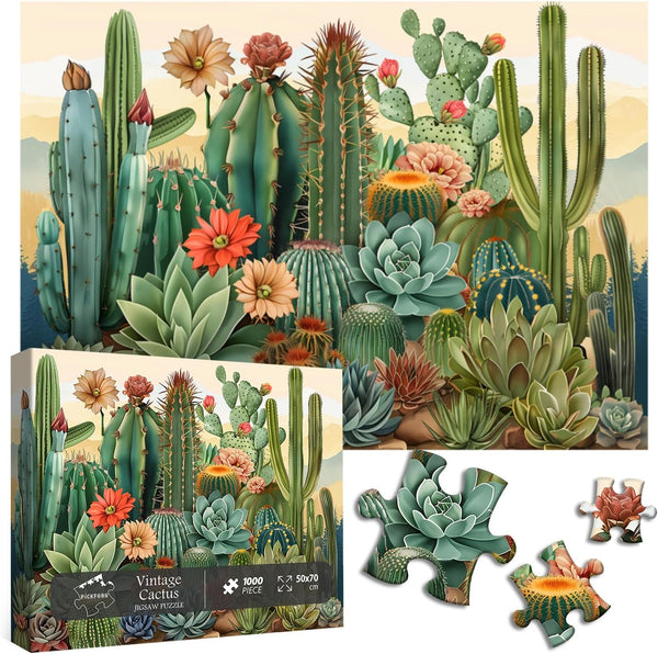 Vintage Cactus Plant Puzzles for Adults 1000 Pieces - PICKFORU Retro Succulents as Home Decor, Flower Puzzle