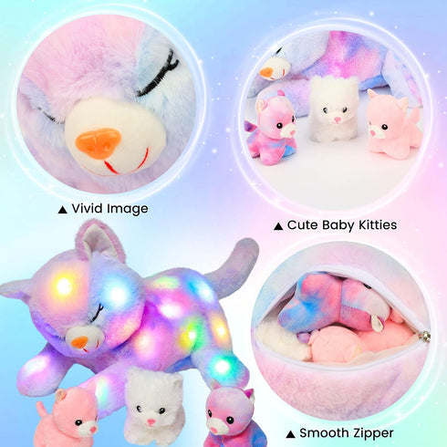 Hopearl LED Plush Cat with 3 Baby Kittens, Stuffed Animal Playset Night Lights Glow in The Dark for Kids.