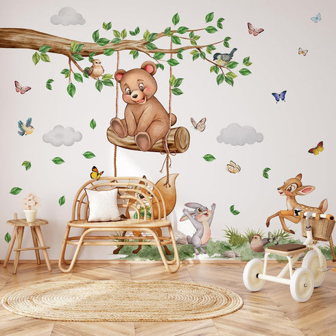 Tuitager L Large Tree Wall Decals with Woodland Animals, Peel and Stick Wall Stickers for Baby Room, Removable Nursery