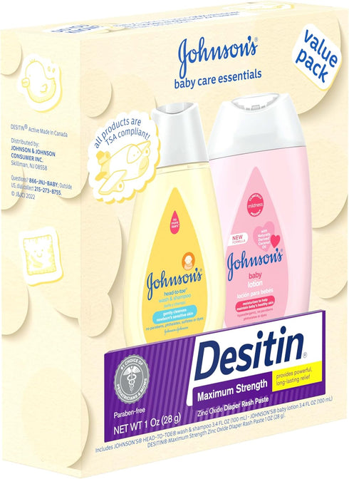 Set, Pack, 3 Johnson's Baby Care Essentials Gift Body Lotion, & Zinc Oxide Diaper Rash Paste for Baby's Delicate Skin