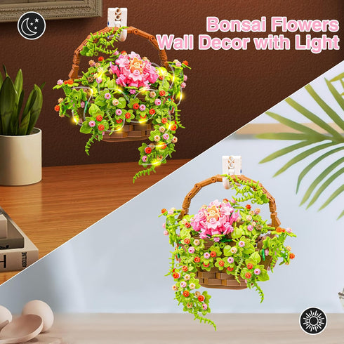 Set, (691 SATHIBI Flower Bouquet Building Flowers Basket Bonsai Plants with Light, Botanical Collection Wall Decor