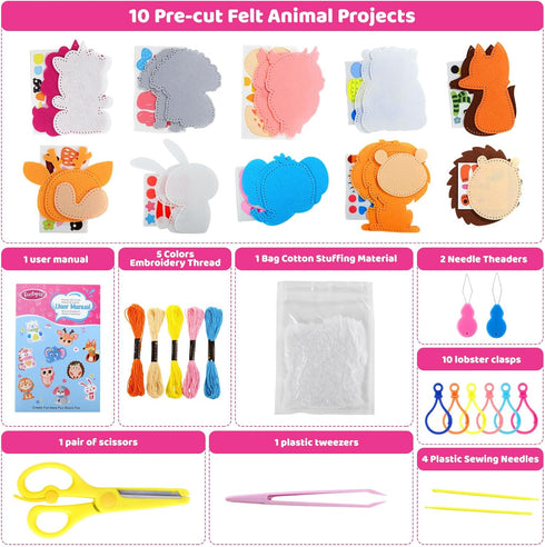10 5-8 8-12 Funtopia Sewing Kit for Kids, Easy DIY Projects of Stuffed Animal with Guiding Book, Beginners Sewing Toys