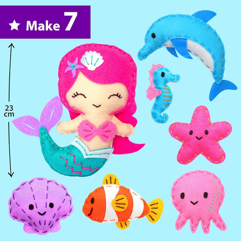 7 KRAFUN Mermaid Sea Animals Beginner Sewing Kit for Kids Art & Craft kit, Includes Soft Plush Dolls, Instructions