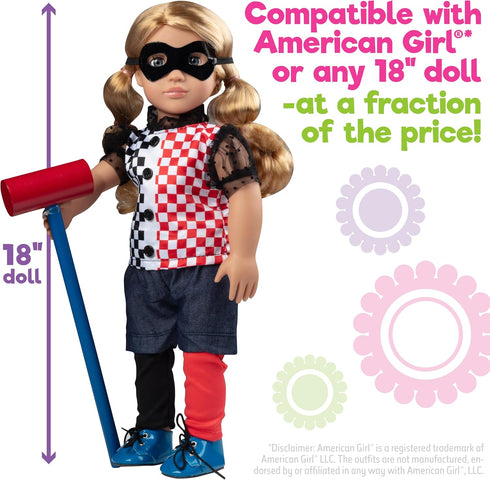 Harley Quinn Inspired Doll Outfit (7pc Set) - Super Hero Clothes for American Girl Doll - Gift Set for Girls