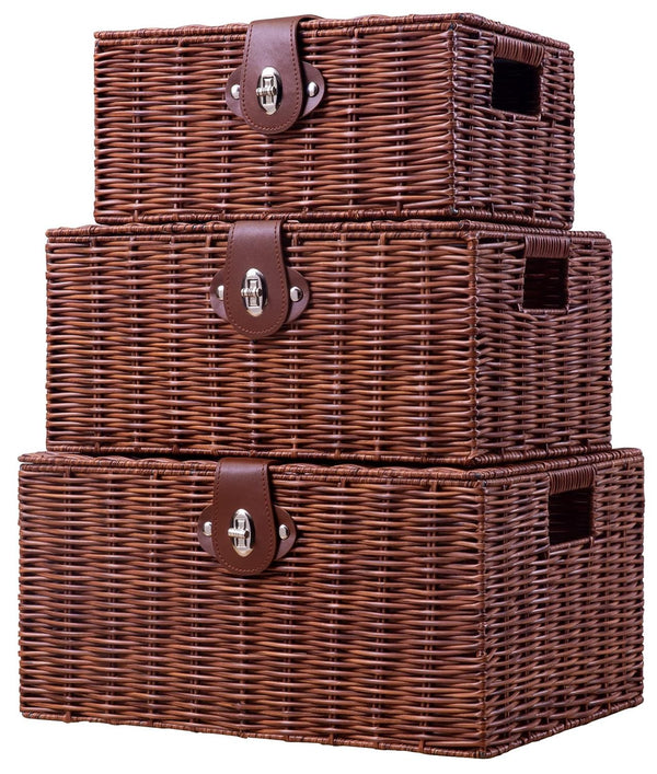 Set of 3 Woven Wicker Storage Baskets with Lid & Lock, Multifunctional Organizer for Nursery, Baby, Clothes