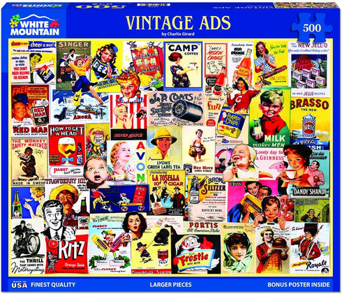 Vintage Ads 500 Piece Jigsaw Puzzle by White Mountain, Retro Puzzle