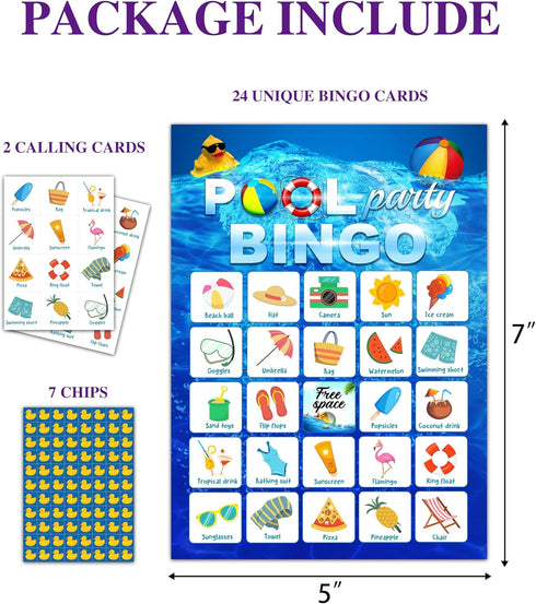 Summer Bingo Game, Pool Party Bingo Cards for Adults, Birthday and Beach Party Favors, 24 Players Bingo Game