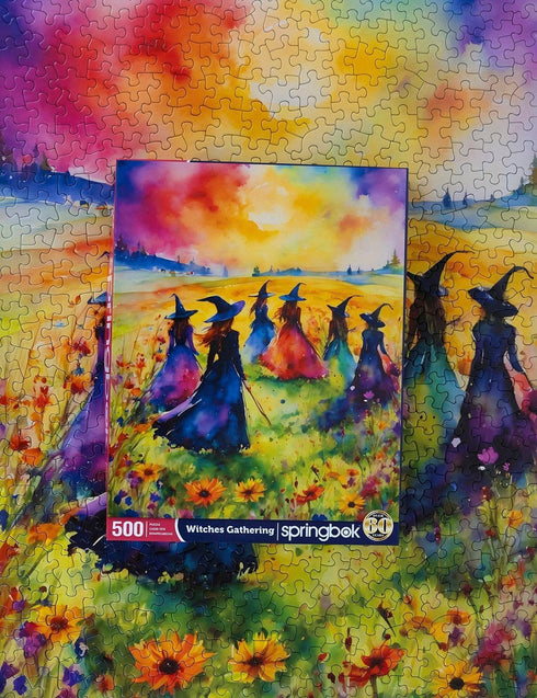 500 Springbok's Witches Gathering Piece Puzzle for Adults is a Watercolor Image of Witches Gathering in a Blossoming