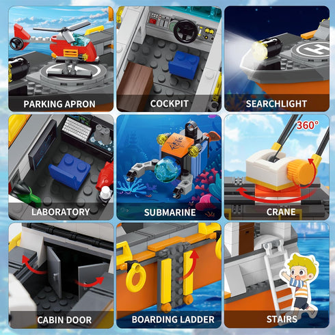 Set, Set 6 8 10 12 AKWME City Ocean Explorer Ship Building Exploration Boat Toy Building Block with LED Lights
