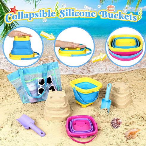 2 Packs Collapsible Beach Buckets for Kids, Foldable Sand Buckets and Shovels with Mesh Beach Bag, Silicone Sand Pails