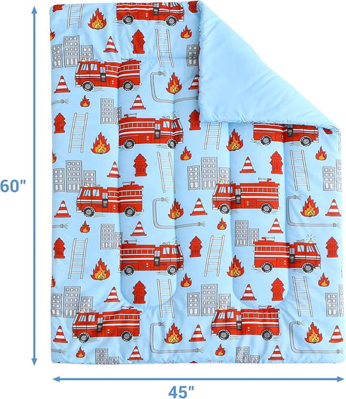 4 Set Sets Mooreeke Pieces Toddler Bedding - Fire Truck Blue Toddler Comforter for Boys, Includes Comforter, Flat