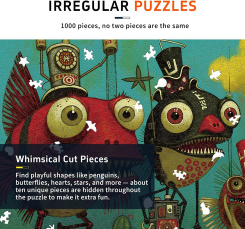 1000 26.6 19.2 Piece Puzzle for Adults, Quirky Piranha-Inspired Artwork with Unique-Shaped Pieces, Matte Texture