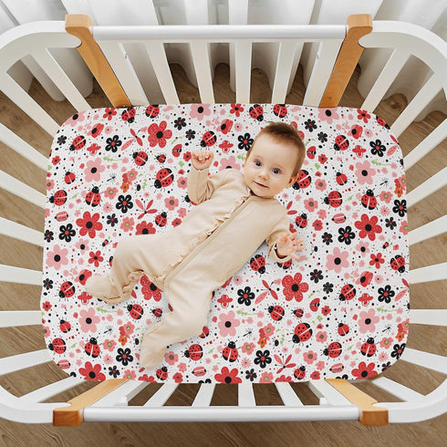 Vdsrup 39 27 5In Crib Sheets for Boys Girl Ladybugs Flowers Neutral Mini Crib Mattress Sheets Fitted, Red Pink Toddler