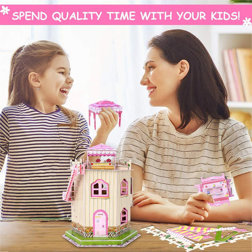 Rooftop Romance 3D Puzzle Dollhouse for Girls, Easy to Assemble Miniature Doll House Building Kit with LED Light