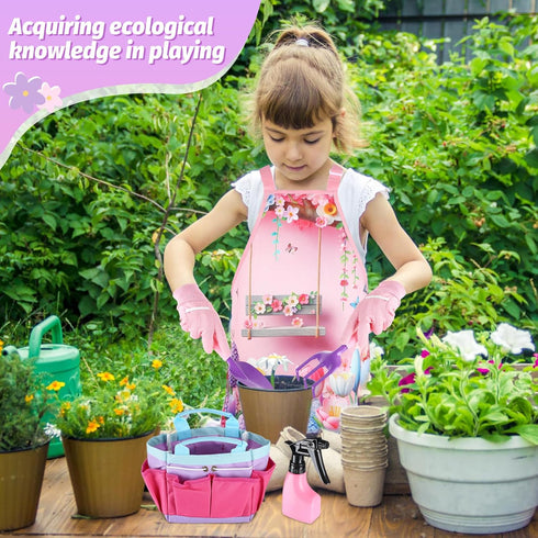 Kids Gardening Tool Set - Garden Tools with Shovel, Trowel, Rake, Apron, Gloves, Watering Can, Tote Bag (Pink)