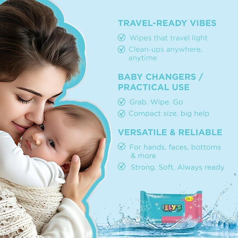Ioly's 99% Pack 20 Baby Wipes Unscented Wet Wipes Water Based with Aloe Vera Fragrance Free Travel ct Hypoallergenic