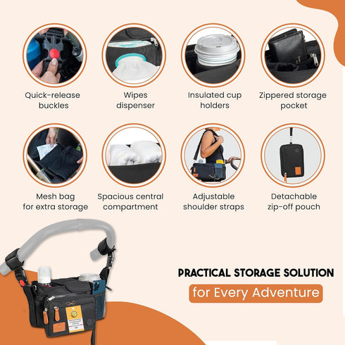 Universal Stroller Organizer with Cup Holder - Baby Caddy Organizer | Stroller Caddy Organizer w/ Anti-Slip Straps